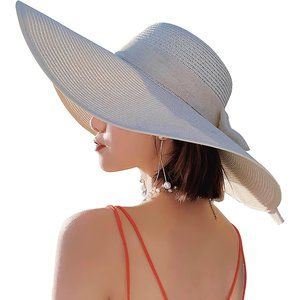 Women's Straw Sun Hat Extra Wide Brim Straw Hat Bowknot UV Protection Beach Hat